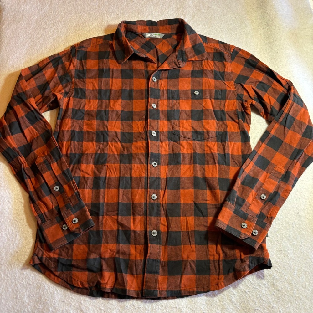 Stio Mens Orange Black Plaid Lightweight Flannel Shirt Button Up Long Sleeve S‎ - Picture 2 of 11